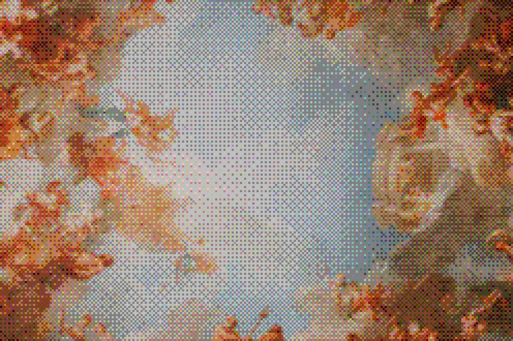 A painted baroque ceiling: figures among clouds against a pale blue sky, printed in halftone dots.