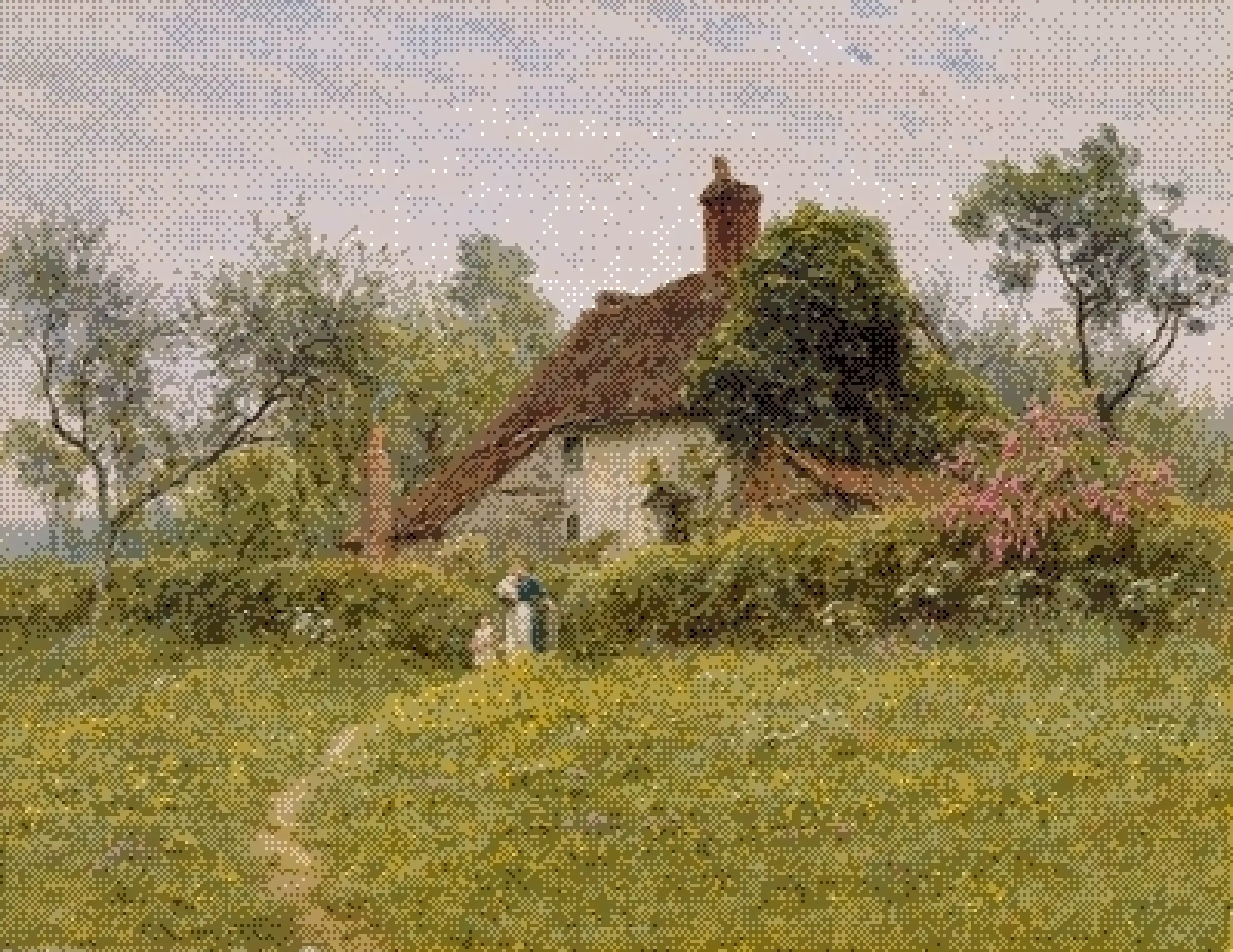A cottage with a mossy tiled roof among trees, and a woman with two children walking up a path through a meadow of buttercups, printed in dots.
